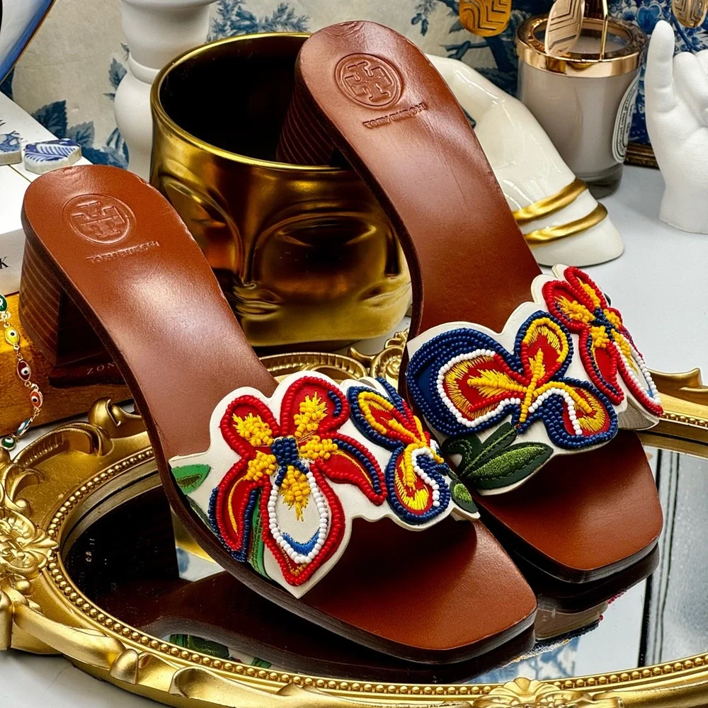🆕 TORY BURCH 🧿 NWOB Bianca Floral Bead Embellished Slide Sandal, Sz 6.5